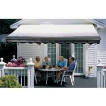 Sunsetter Pro Motorized Awning (12 Ft / Black Stripe) With Traditional Laminated Fabric With Right Mounted Motor And Soffit Bracket
