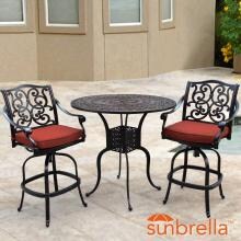 Villa Flora 3 Piece Cast Aluminum Patio Bar Set W/ Round Table & Sunbrella Canvas Henna Cushions By Lakeview Outdoor Designs image