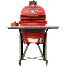 Gourmet Guru Ceramic Kamado Grill On Cypress Wood & Steel Rolling Cart - Red image