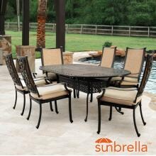 Bocage 7 Piece Cast Aluminum Sling Patio Dining Set W/ 84-Inch Oval Table & Sunbrella Heather Beige Cushions By Lakeview Outdoor Designs image