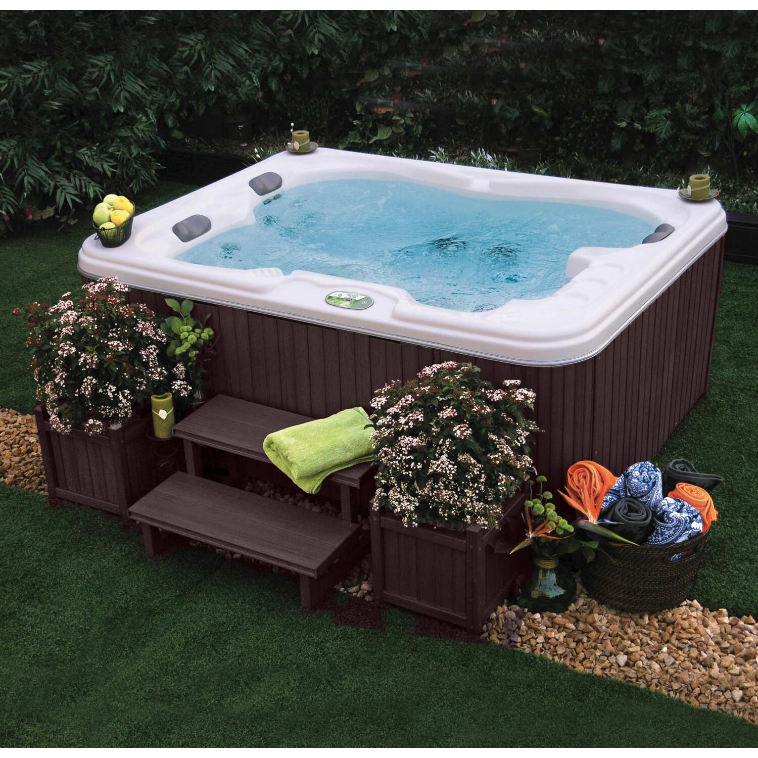 Geo 3 Person 110V Hot Tub Lounger Spa With 22 Jets Mahogany Base Snow White Shell BBQGuys