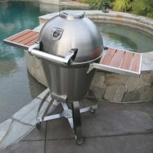 Thermashell Pro Kamado Grill On Stainless Steel Cart With Wood Inserts - Stainless Steel