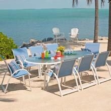 Telescope Casual Aruba II 8-Person Sling Patio Dining Set With Stacking Chairs And Glass Top Table