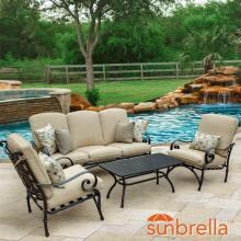 Elysian 4 Piece Patio Conversation Set W/ Sofa & Sunbrella Canvas Antique Beige Cushions By Lakeview Outdoor Designs image