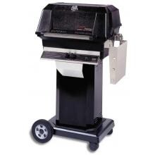MHP JNR4DD Freestanding Propane Gas Grill With Stainless Steel Shelves And Stainless Grids On Black Cart image