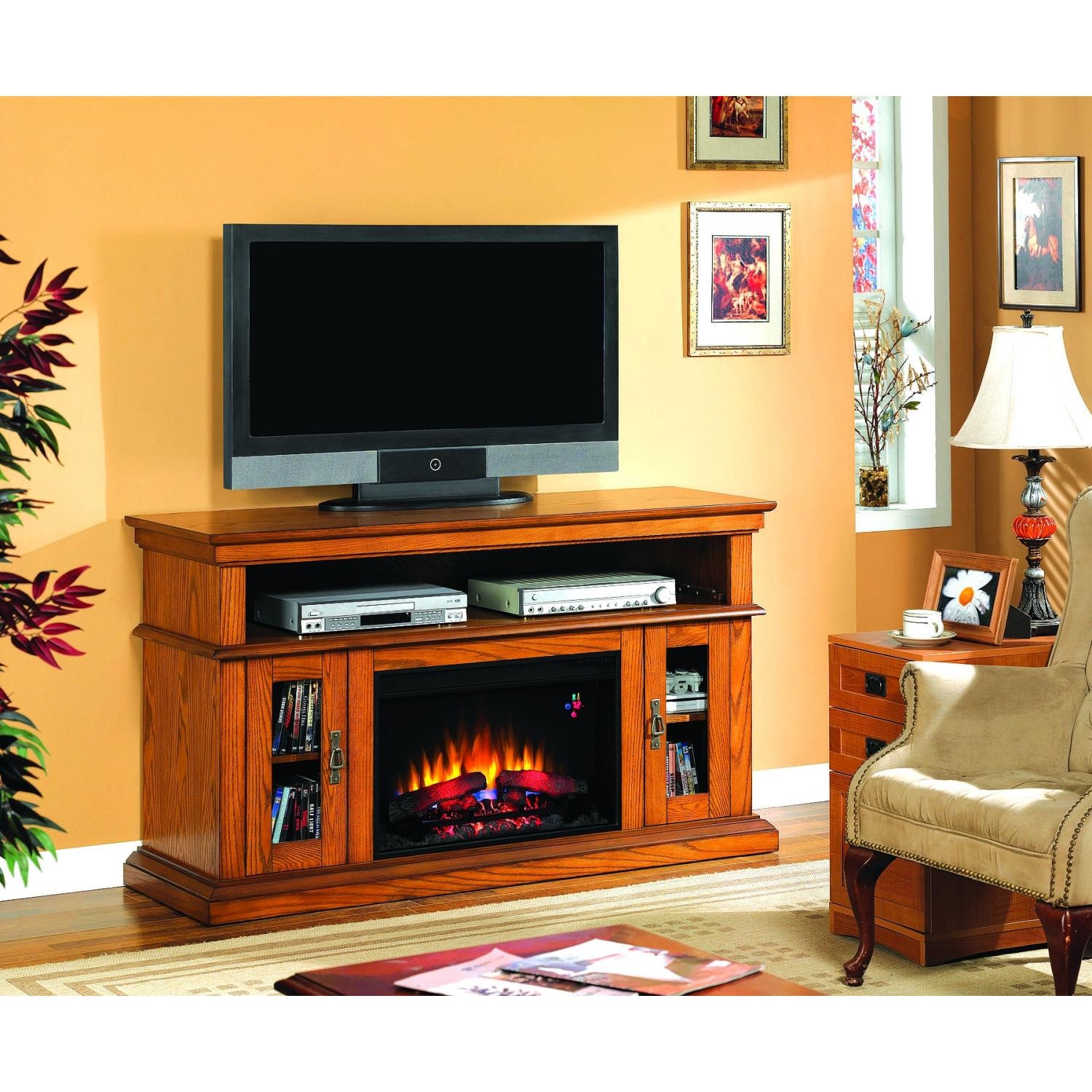 Brookfield 60Inch Electric Fireplace Media Console Premium Oak