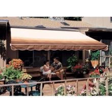 Sunsetter Pro Motorized Awning (18 Ft / Coffee Stripe) With Traditional Laminated Fabric With Right Mounted Motor And Wall Bracket