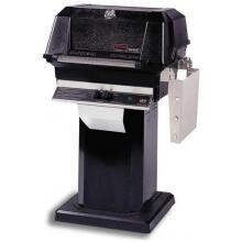 MHP JNR4DD Propane Gas Grill With Stainless Steel Shelves And SearMagic Grids On Black Patio Base image