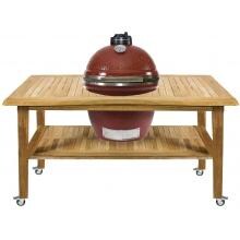 Kamado Joe Classic Ceramic Grill With Stainless Bands On Eucalyptus Table - Red