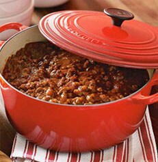 Chili in a porcelain cast iron dutch oven