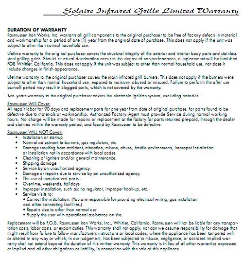 Solaire Warranty