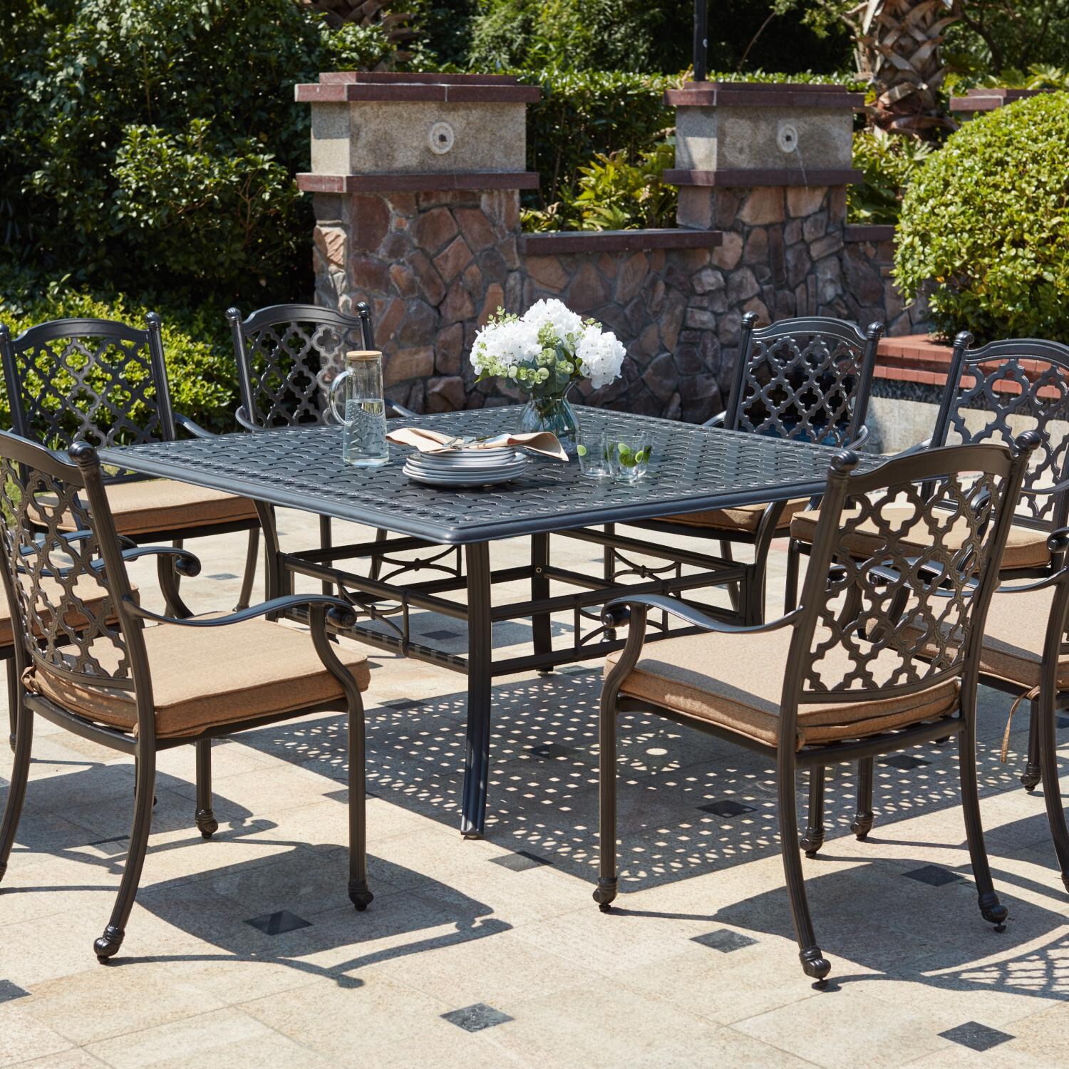Madison 9 Piece Cast Aluminum Patio Dining Set W/ 60 Inch Square Table
