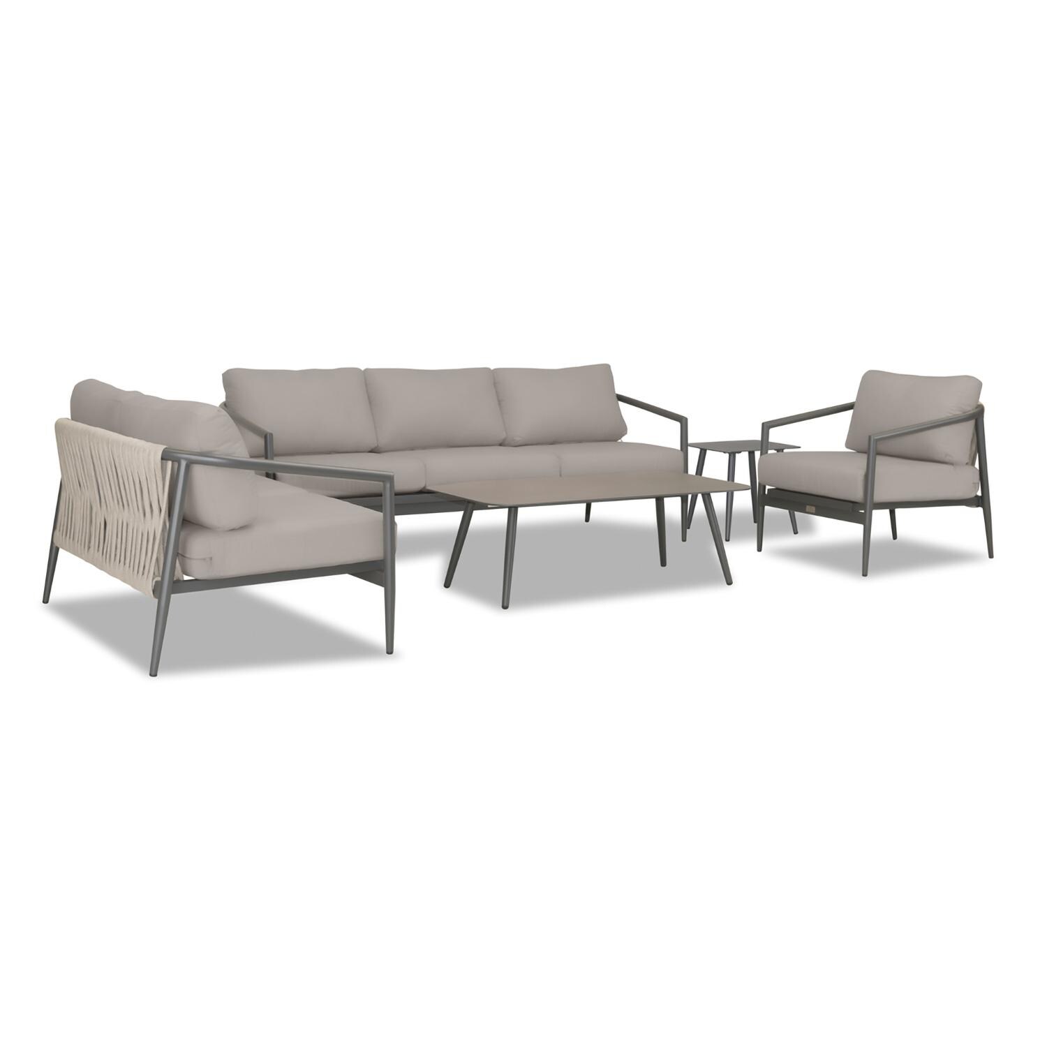 Lakeview Midnight Cove 5 Pc Aluminum Sofa Seating Set in Slate/Pebble Gray/Canvas Charcoal - Angled - White Background thumbnail