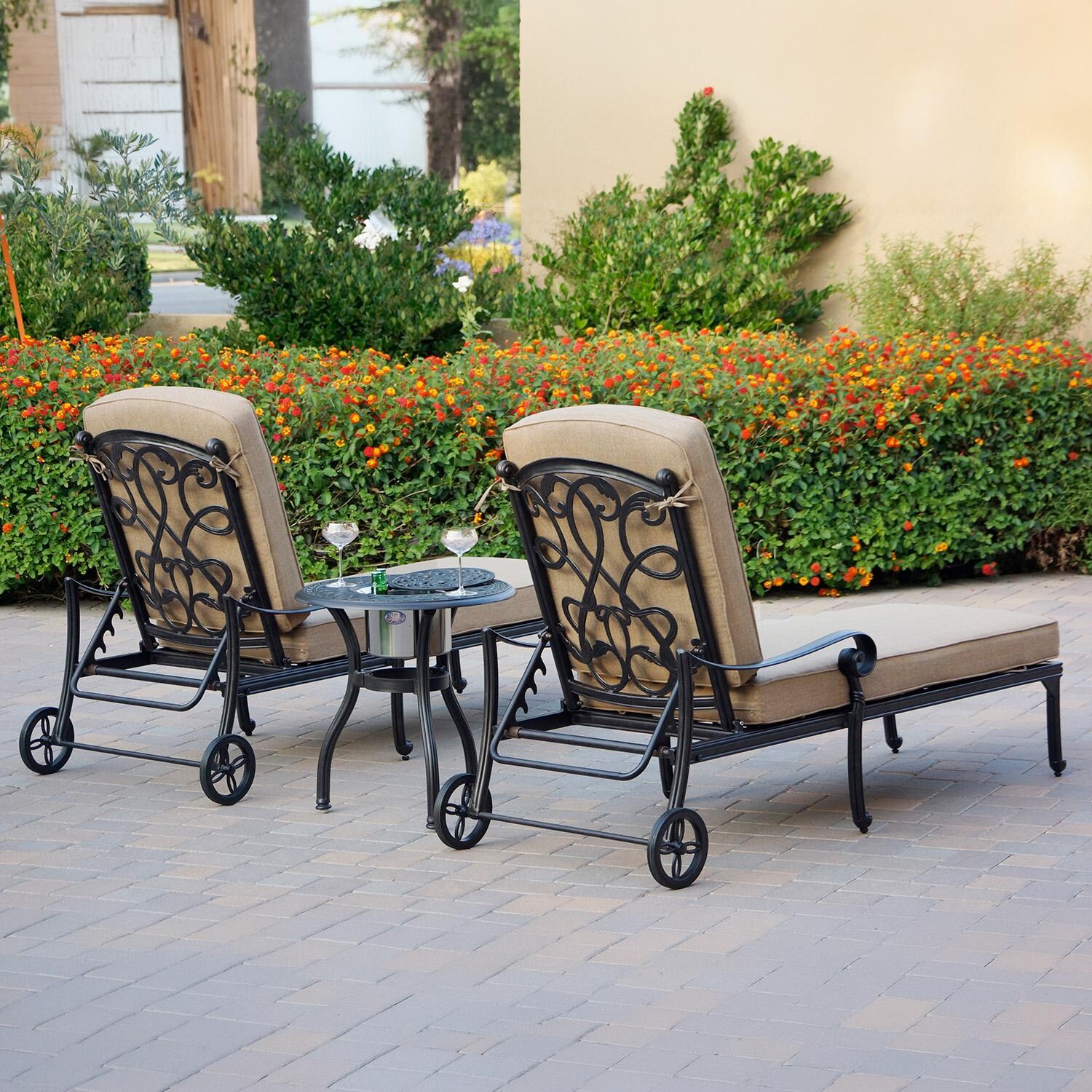 Darlee Santa Monica 3 Pc Cast Aluminum Chaise Lounge Set w/ Ice Bucket Insert & Beige Canvas Cushions - Set Back - Lifestyle thumbnail