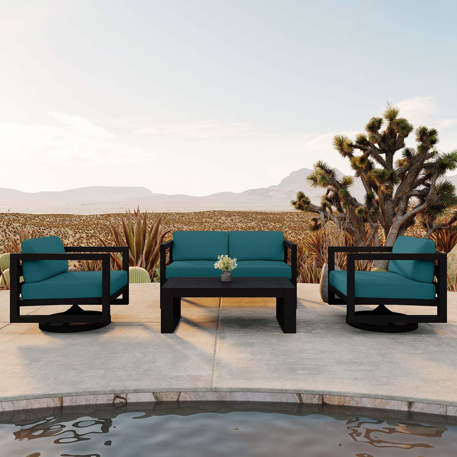 Misty Cove 4 Pc Aluminum Loveseat Seating Set w/ Swivel Chairs in Black/Spectrum Peacock by Lakeview Outdoor Designs
