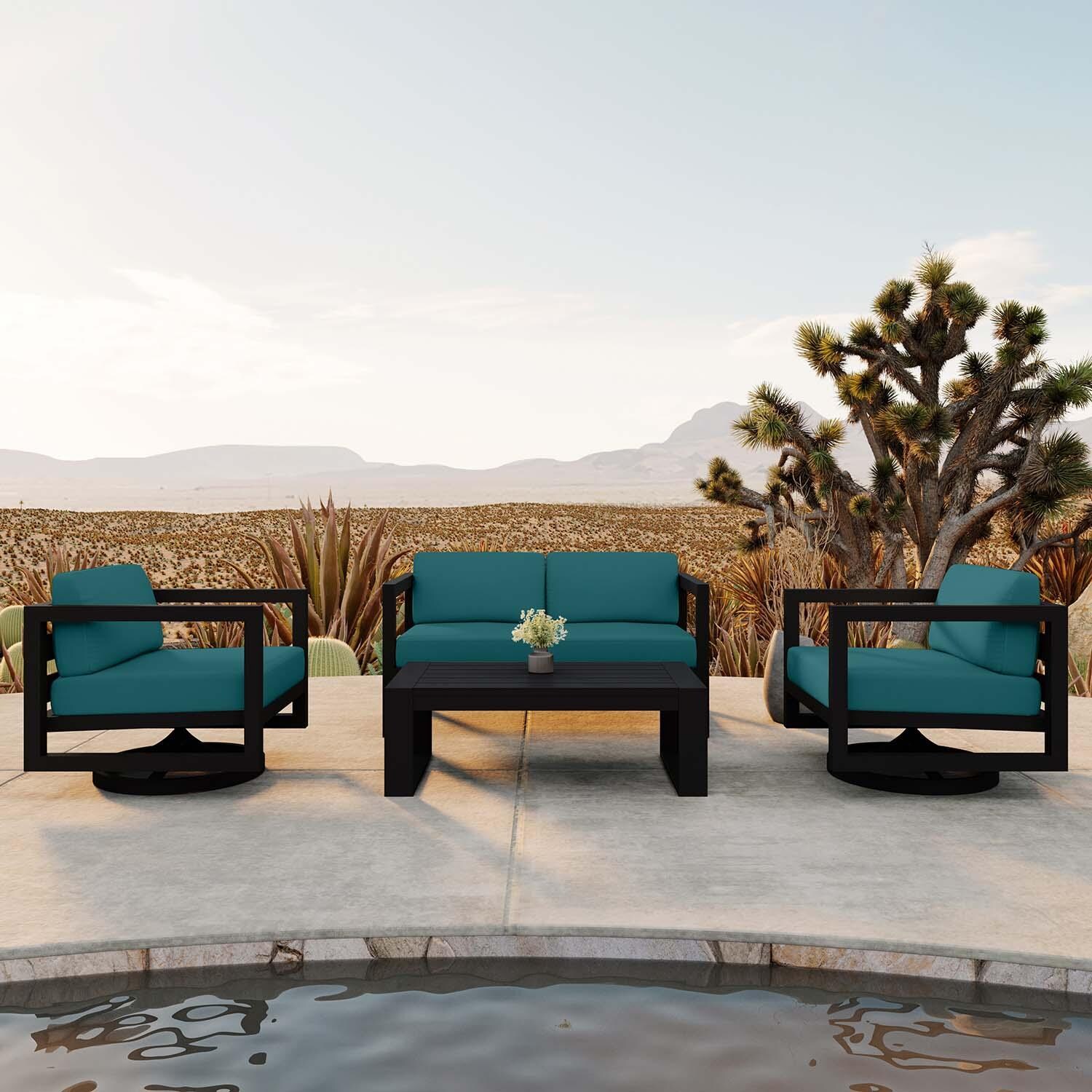 Misty Cove 4 Pc Aluminum Loveseat Seating Set w/ Swivel Chairs in Black/Spectrum Peacock by Lakeview Outdoor Designs - Lifestyle thumbnail