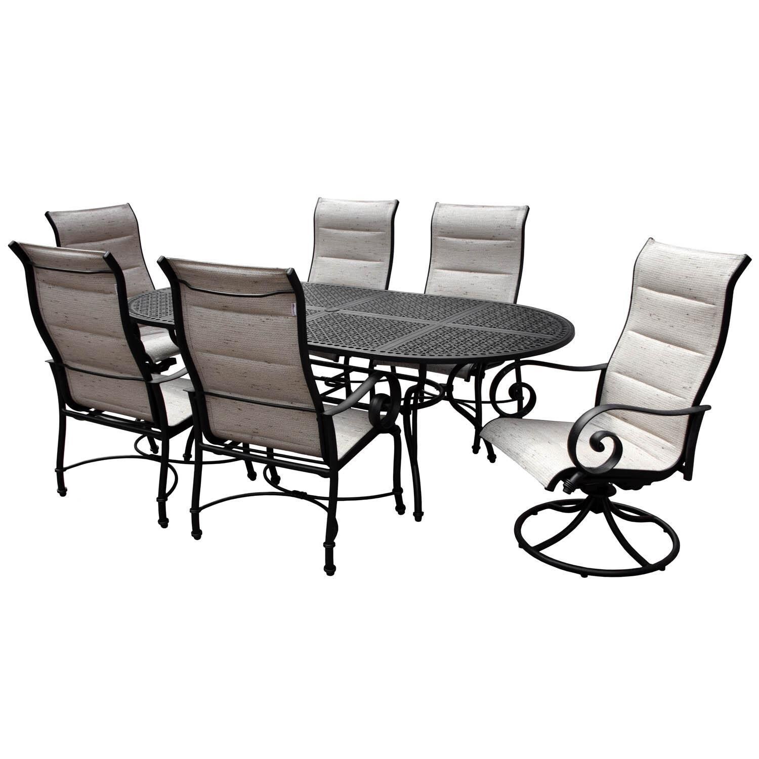 Elysian 7 Piece Padded Sunbrella Sling Patio Dining Set W/ 84-Inch Oval Table & 2 Swivel Rockers thumbnail