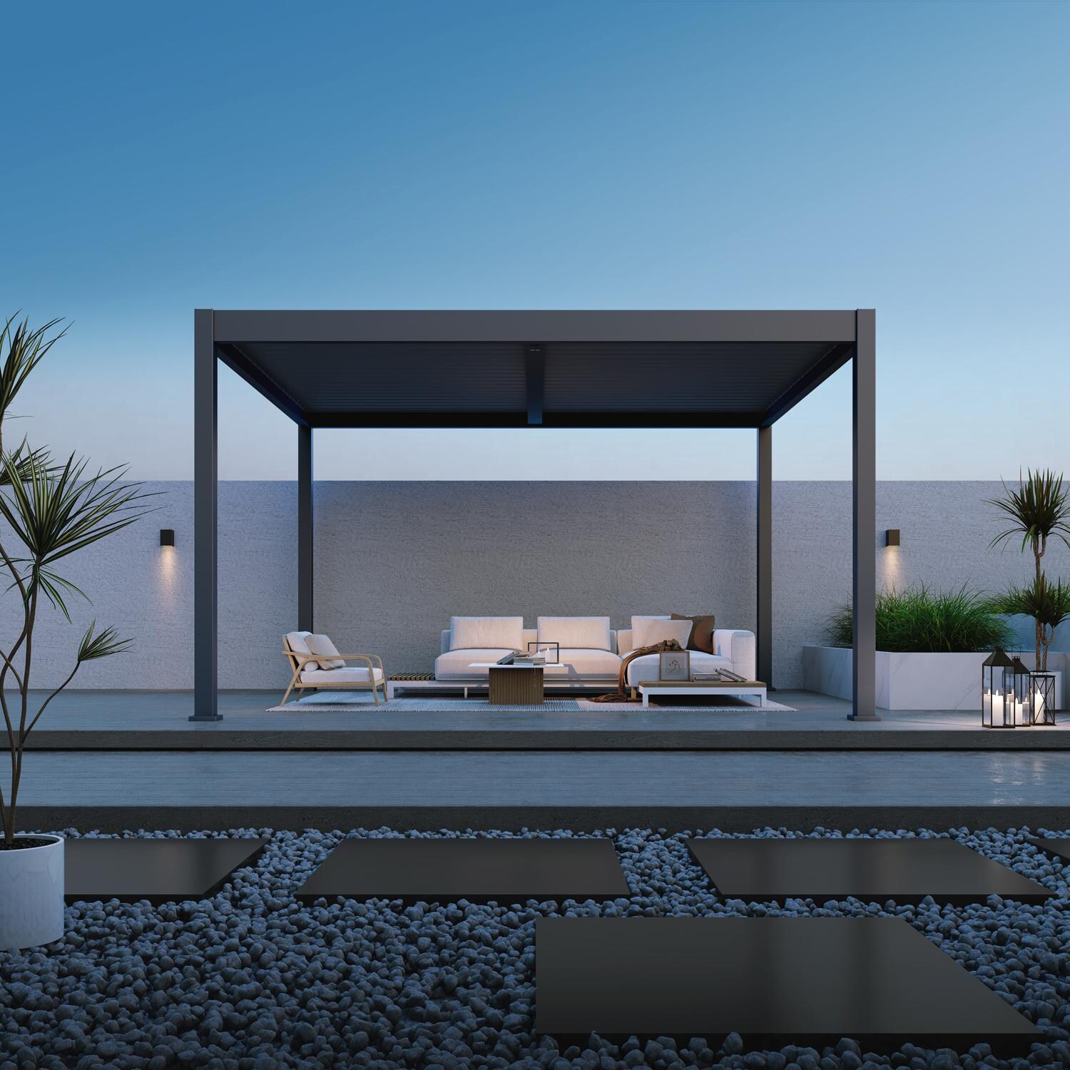 Paragon Outdoor PRGRT-1214GY Grand Tuscan 12' x 14' Slate Gray Aluminum Louvered Pergola - At Night - Detail thumbnail