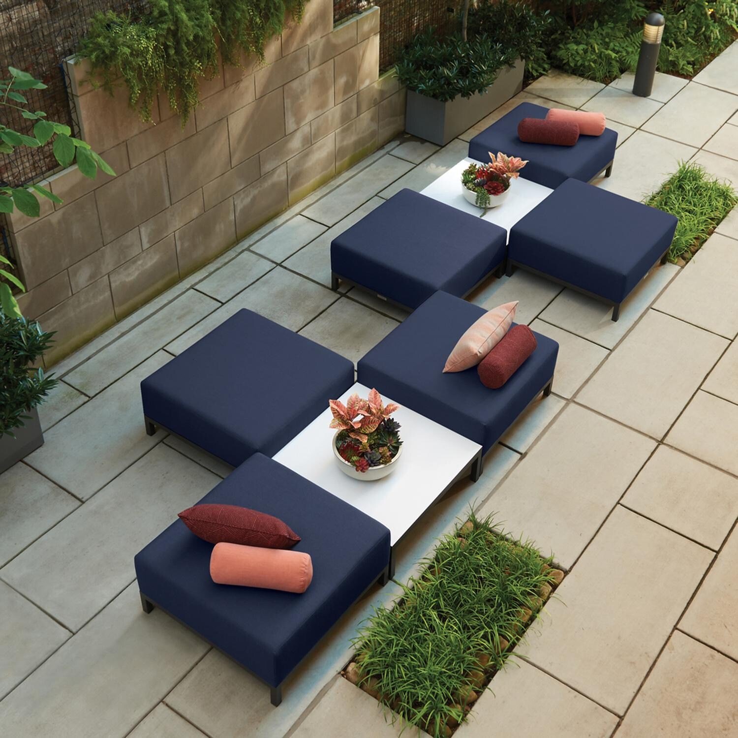 Oxford Garden Koral Modular Carbon Aluminum Ottoman W/ Spectrum Indigo Sunbrella Cushions - From Above thumbnail