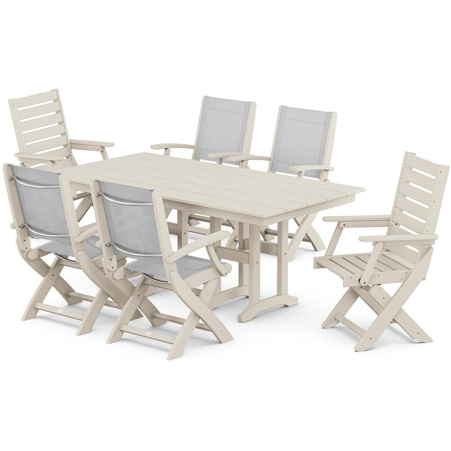 POLYWOOD PWS2533-1-SA901 Creekside Polywood 7-Piece Farmhouse Dining Set White Sling Chairs in Sand - Set - White Background thumbnail