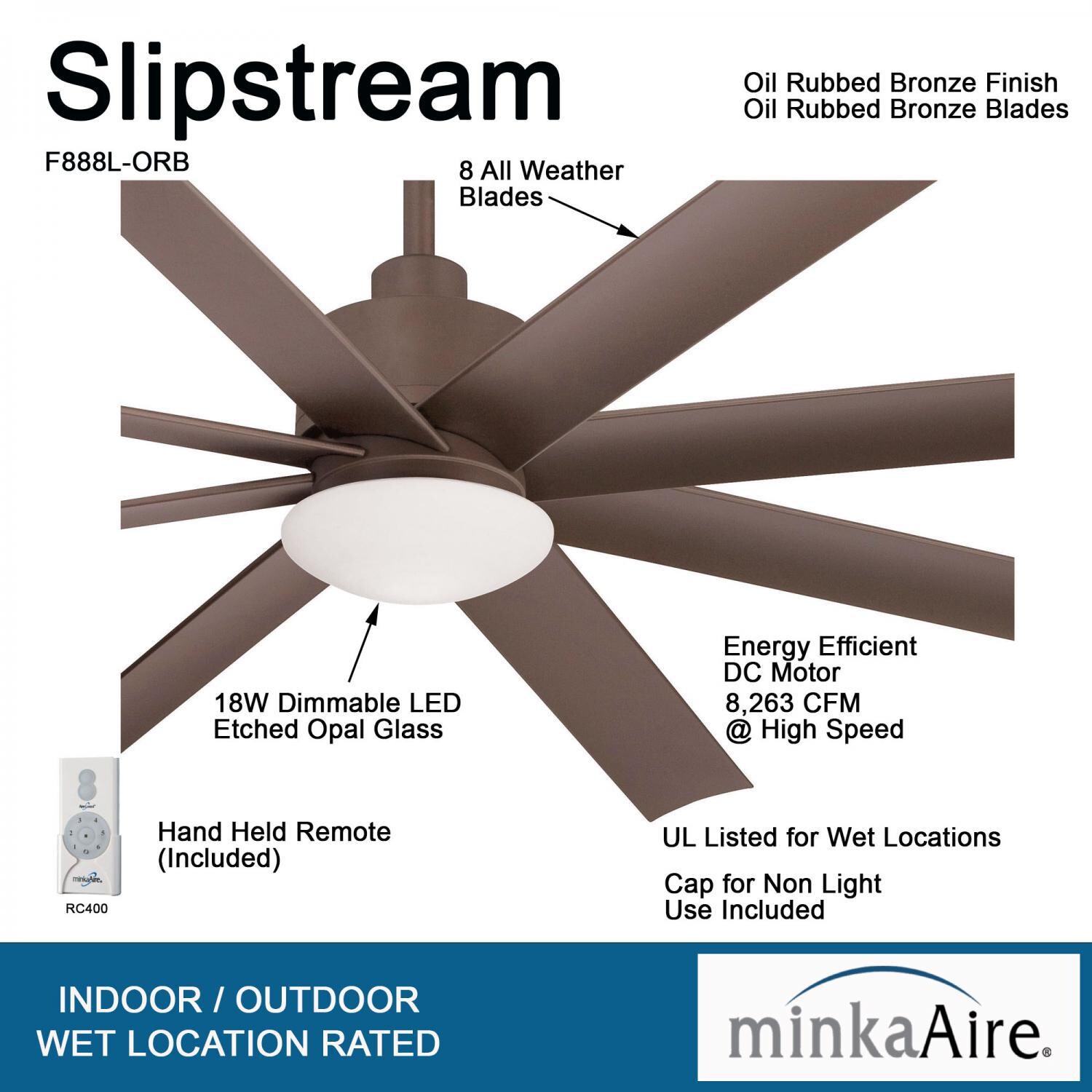 Minka-Aire F888L-ORB Slipstream 65-Inch 8-Blade LED Ceiling Fan in Oil Rubbed Bronze Finish w/ Oil Rubbed Bronze Blades & Tinted Opal Glass - Details thumbnail