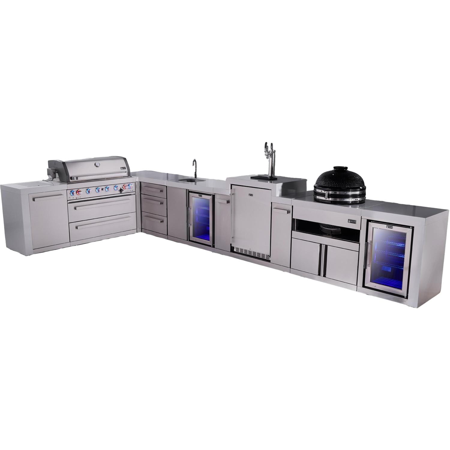 Mont Alpi Deluxe Series 13 1/2 Ft L-Shaped Natural Gas Outdoor Kitchen Island w/ 32-in Grill, Side Burner, Beverage Center, Kegerator & Triple Drawer (Ships Propane w/ Conversion Kit)