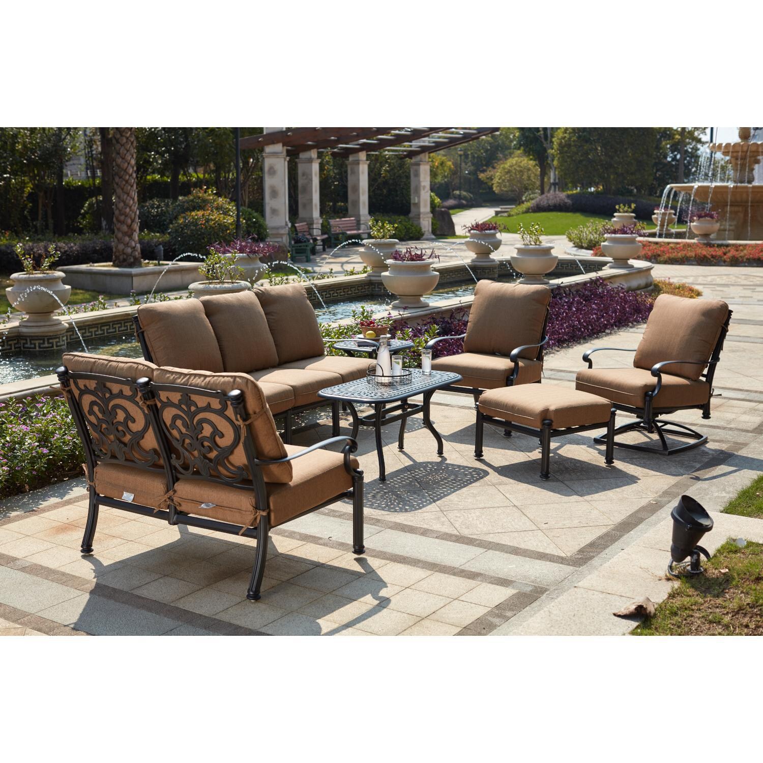 Darlee B/201018-7PC-60AB Santa Barbara 7 Piece Cast Aluminum Patio Conversation Set W/ 21 Inch Square End Table, 42 X 21 Inch Rectangular Coffee Table & Sesame Cushions - Lifestyle thumbnail