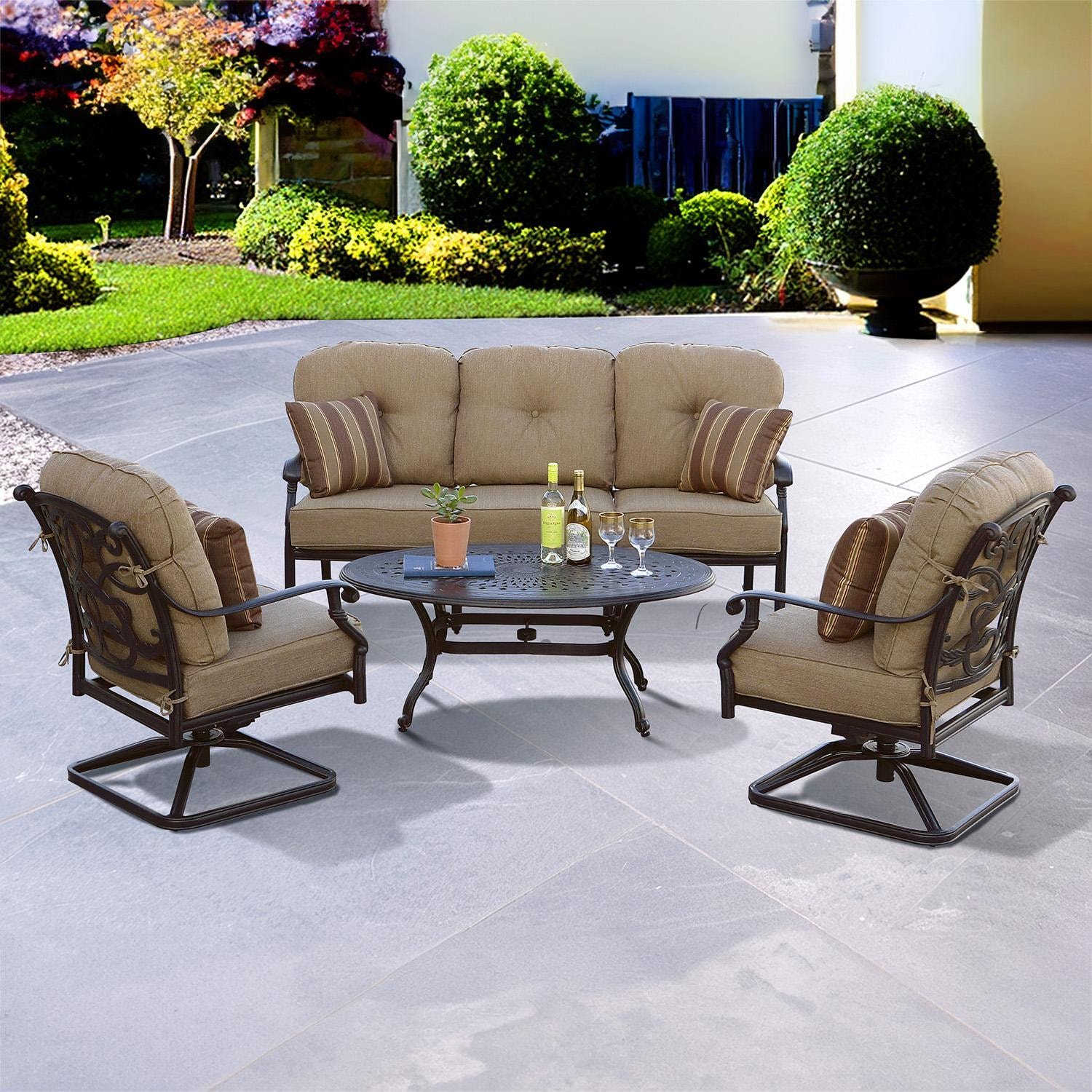 Santa Monica 4 Pc Cast Aluminum Seating Set w/ 46 X 31 Inch Oval Table w/ Swivel Rockers & Throw Pillows in Antique Bronze/Sesame by Darlee