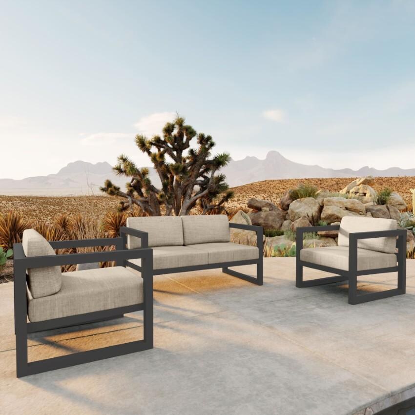 Misty Cove 3 Piece Seating Set in Slate w/Loveseat & Canvas Flax Cushions by Lakeview - On The Patio - Lifestyle thumbnail