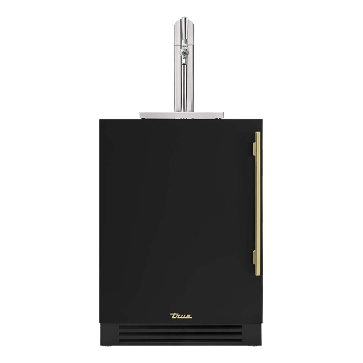 True TUR-24BD-L-OP-C~DSK-027-H01 24 Inch Left Hinge Outdoor Single Tap Beverage Dispenser - Matte Black w/ Brass Handle - White Background thumbnail