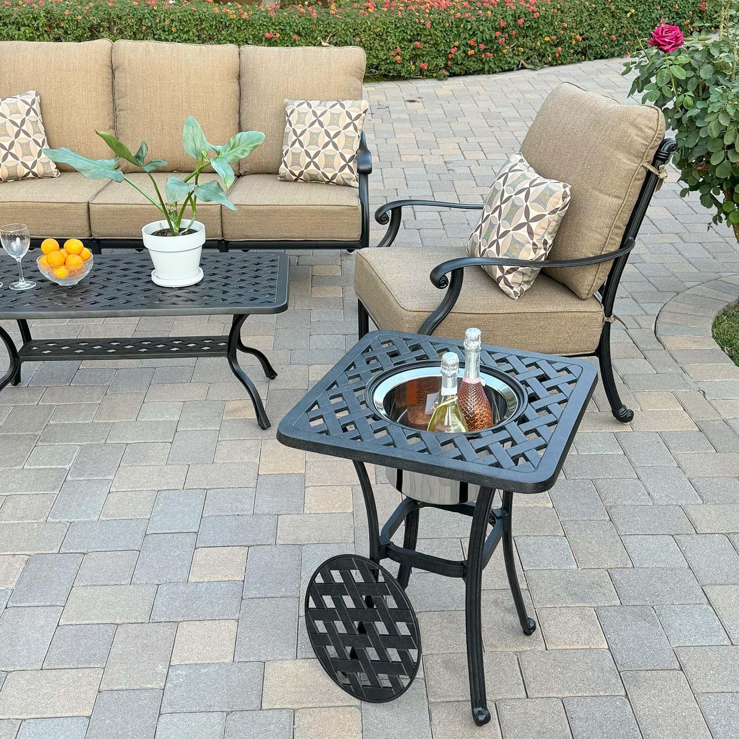 Madison 5 Pc Cast Aluminum Seating Set in Antique Bronze/Sesame by Darlee - Ice Bucket End Table - Lifestyle thumbnail