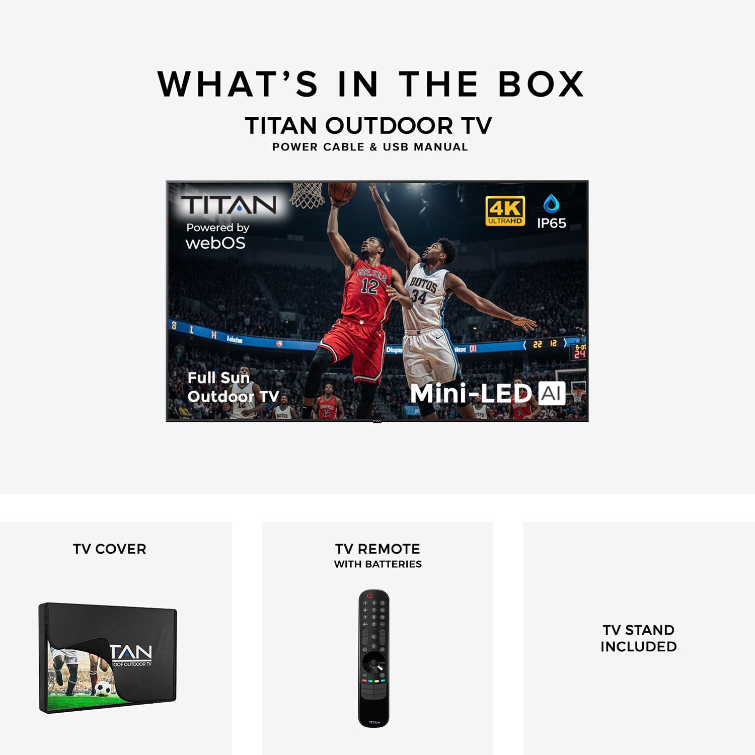 Titan L300-QNED-086 L300 Series 86-in Full Sun w/ Premium TV Cover & Roku Stick 4K QNED Smart Outdoor TV - Whats In The Box - White Background thumbnail