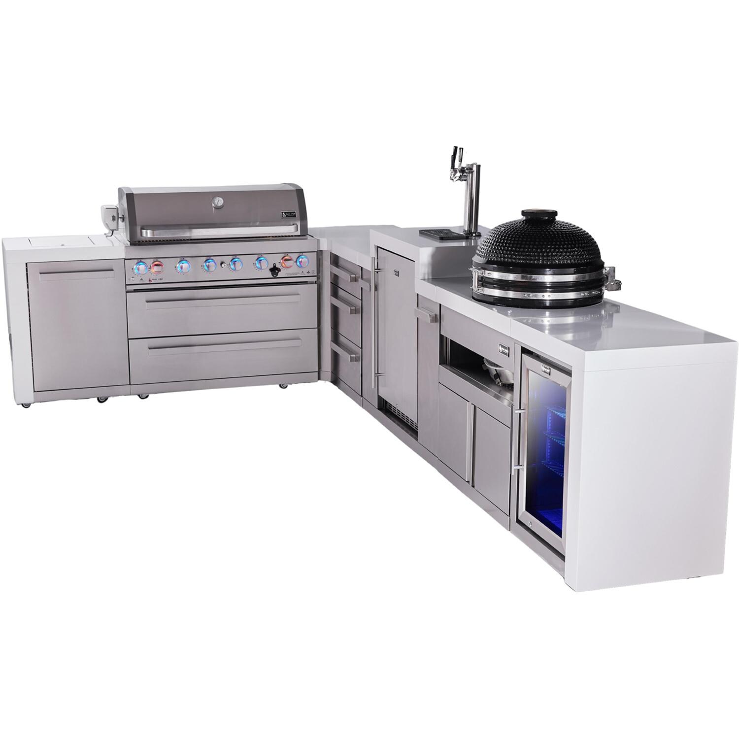 Mont Alpi Deluxe Series 13 Ft L-Shaped Natural Gas Outdoor Kitchen Island w/ 44-in Grill, Side Burner, Kegerator, Fridge, Kamado Module & Triple Drawer (Ships Propane w/ Conversion Kit) - Angled Right - White Background thumbnail