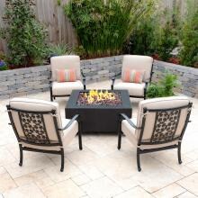 Carondelet 5 Piece Cast Aluminum Patio Fire Pit Conversation Set W/ Sunbrella Spectrum Sand Cushions By Lakeview Outdoor Designs