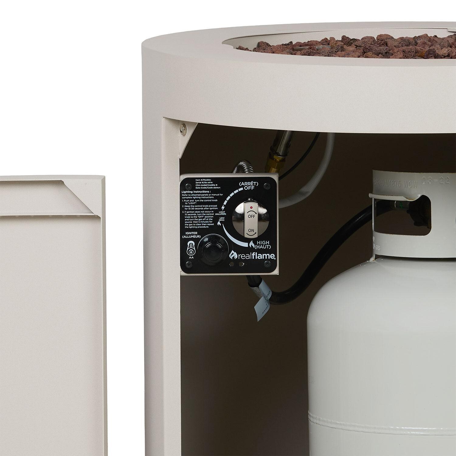 Elysian 24-in Round Steel Propane Fire Pit Table w/ Hidden Propane Tank in Light Sand by Lakeview Outdoor Designs - Hidden Propane Tank - Close Up View- White Background thumbnail
