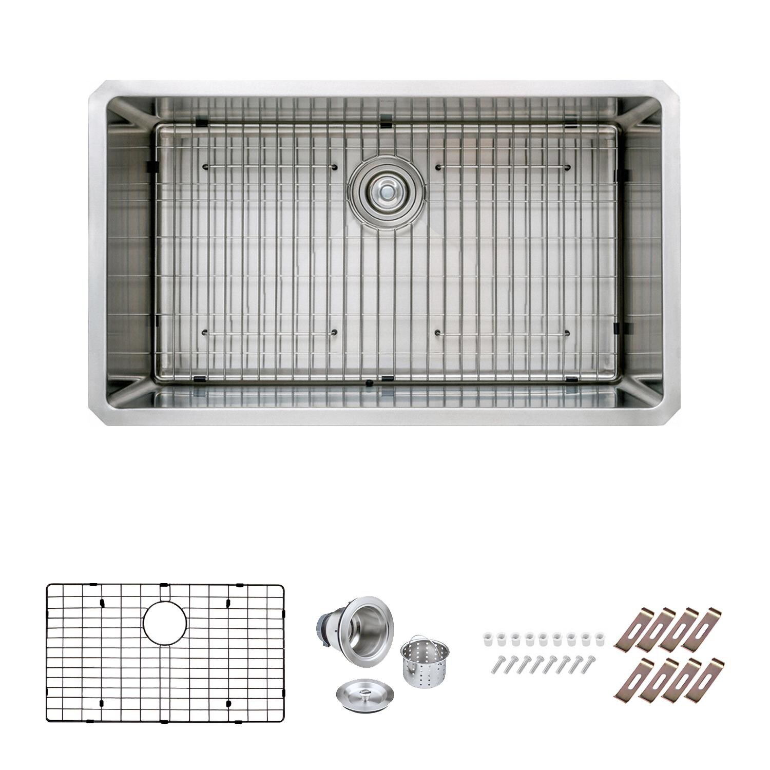 BBQGuys Signature Undermount Stainless Steel 30-Inch Single Bowl Kitchen Sink W/ Grid & Strainer Drain - BBQ-3019SNK-SS