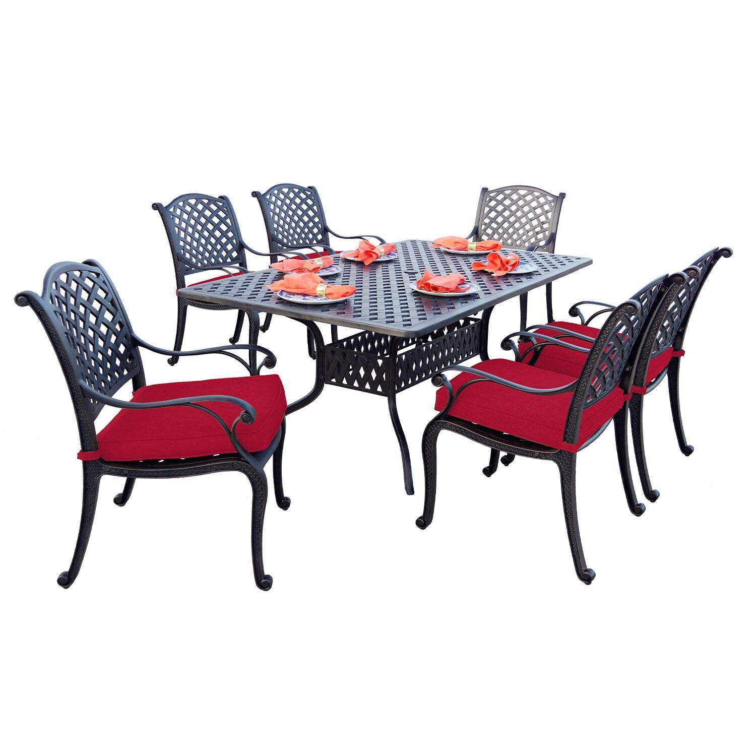 Nassau 7 Pc Cast Aluminum Patio Dining Set W/ 72 X 42 Inch Table & Red Cushions By Darlee - Display - White Background thumbnail