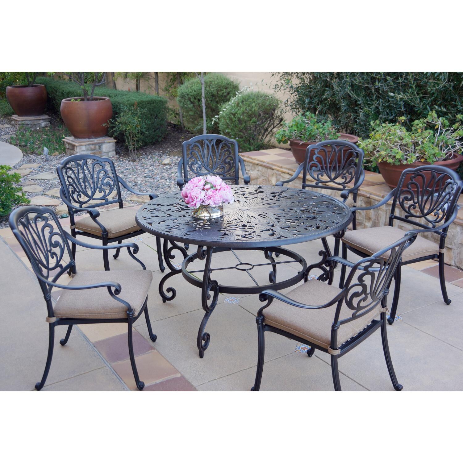 Elisabeth 7 Piece Cast Aluminum Patio Dining Set W 53 Inch Round Table By Darlee Bbqguys