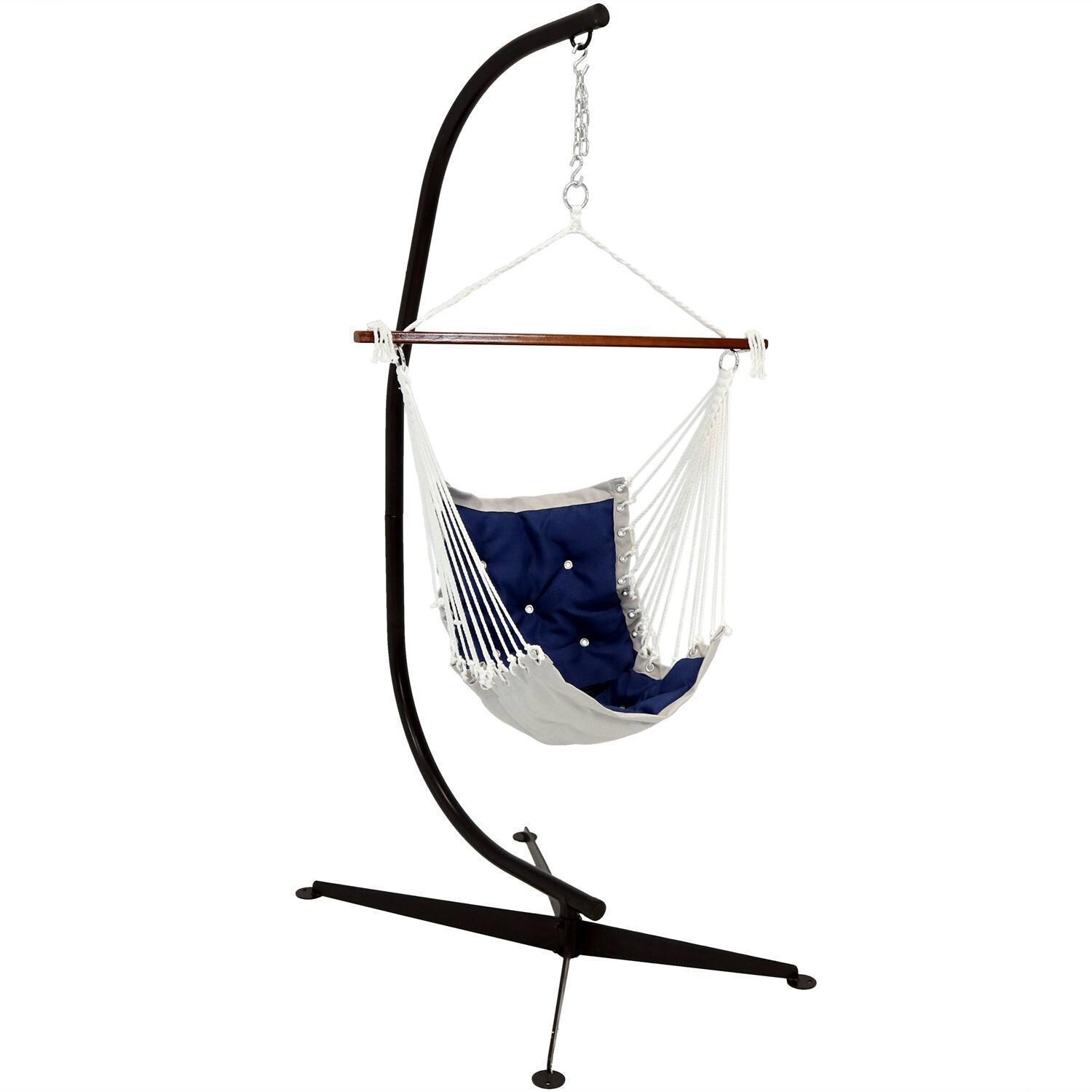 Ultimate Patio Tufted Victorian Hanging Hammock Swing w/ C-Stand - Navy Blue - White Background thumbnail