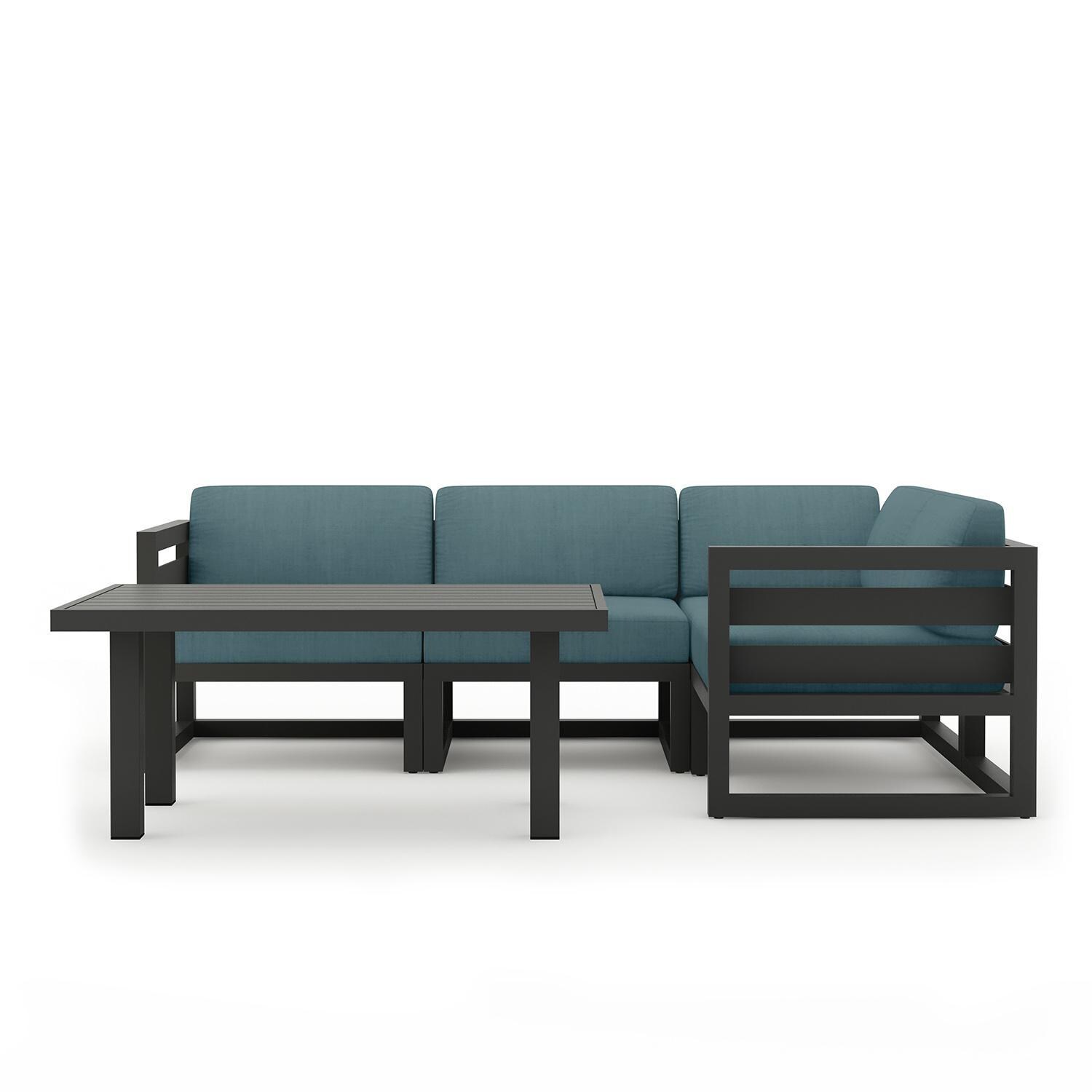 Misty Cove 5 Piece Sectional Set in Slate w/Chat Table & Cast Lagoon Cushions by Lakeview - Complete Set - White Background thumbnail