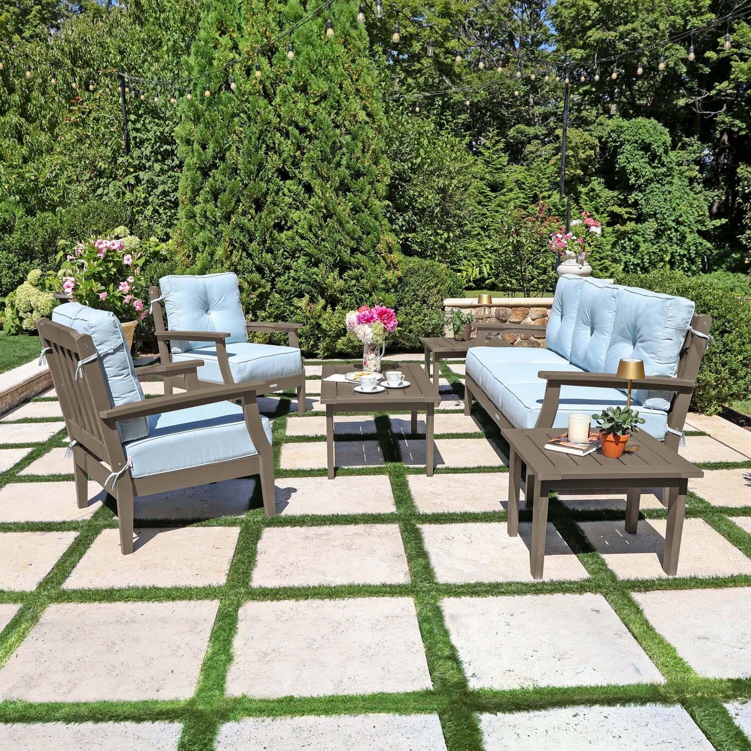 Blushing Bay 6 Pc Recycled Plastic Seating Set w/ Sofa in Bliss Dew/Woodland Brown by Lakeview Outdoor Designs - Side View - Lifestyle thumbnail