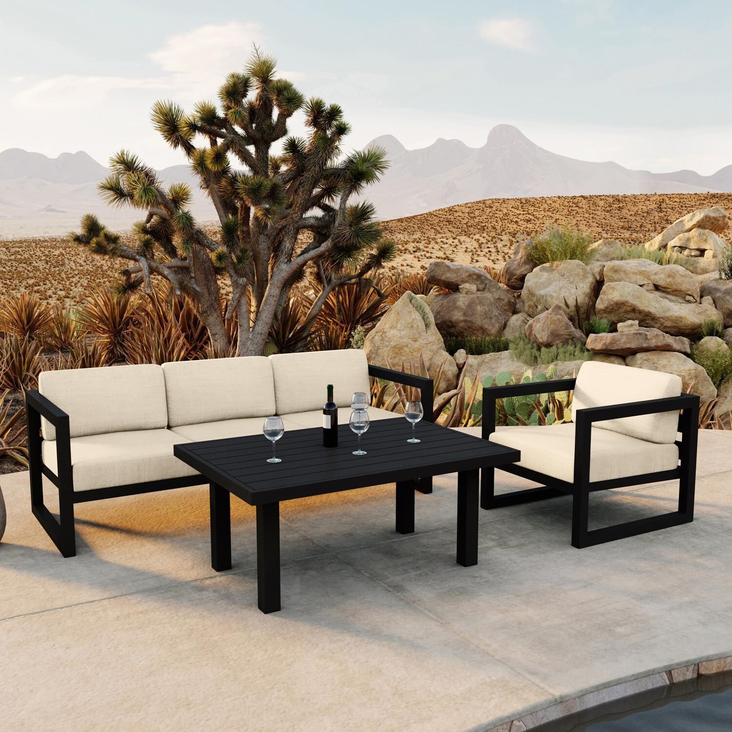 Lakeview MSTYCV-BK-SET138-CF Misty Cove 3 Pc Aluminum Seating Set in Black w/Chat Table & Canvas Flax Cushions by Lakeview Outdoor Designs - By the Pool - Lifestyle thumbnail