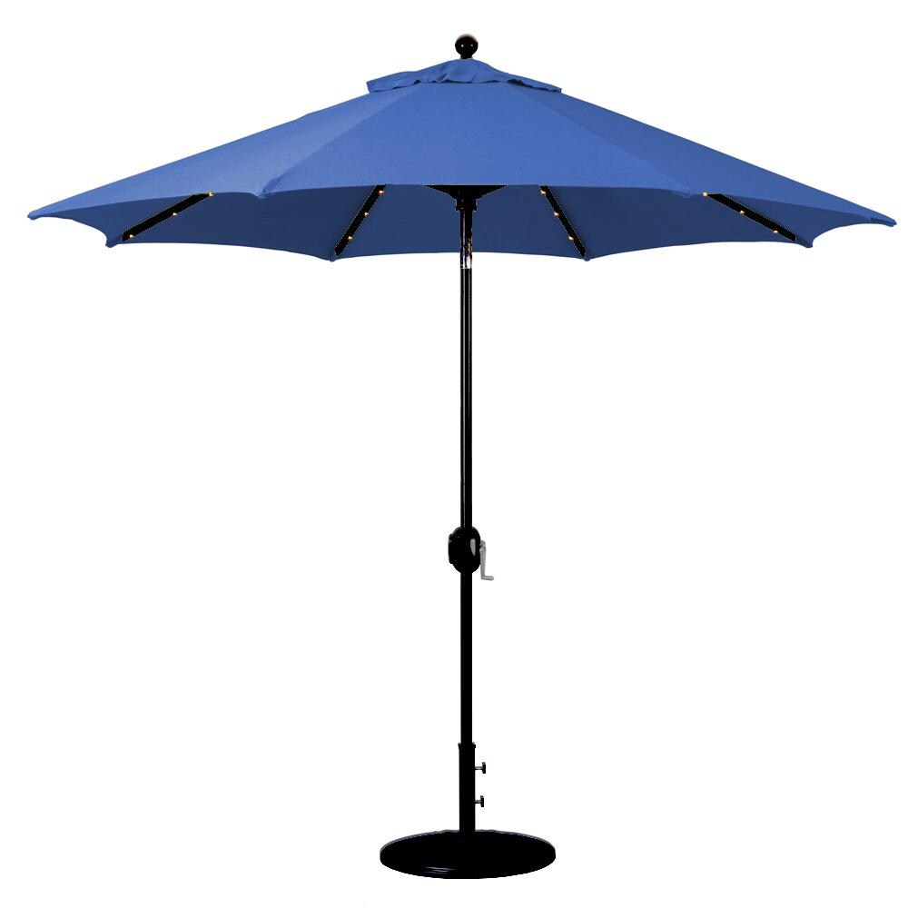Galtech 9 Ft. Lighted Octagonal Aluminum Patio Market Umbrella W/ Crank Lift And Auto Tilt - Black Frame W/ Sunbrella Canvas True Blue Canopy image