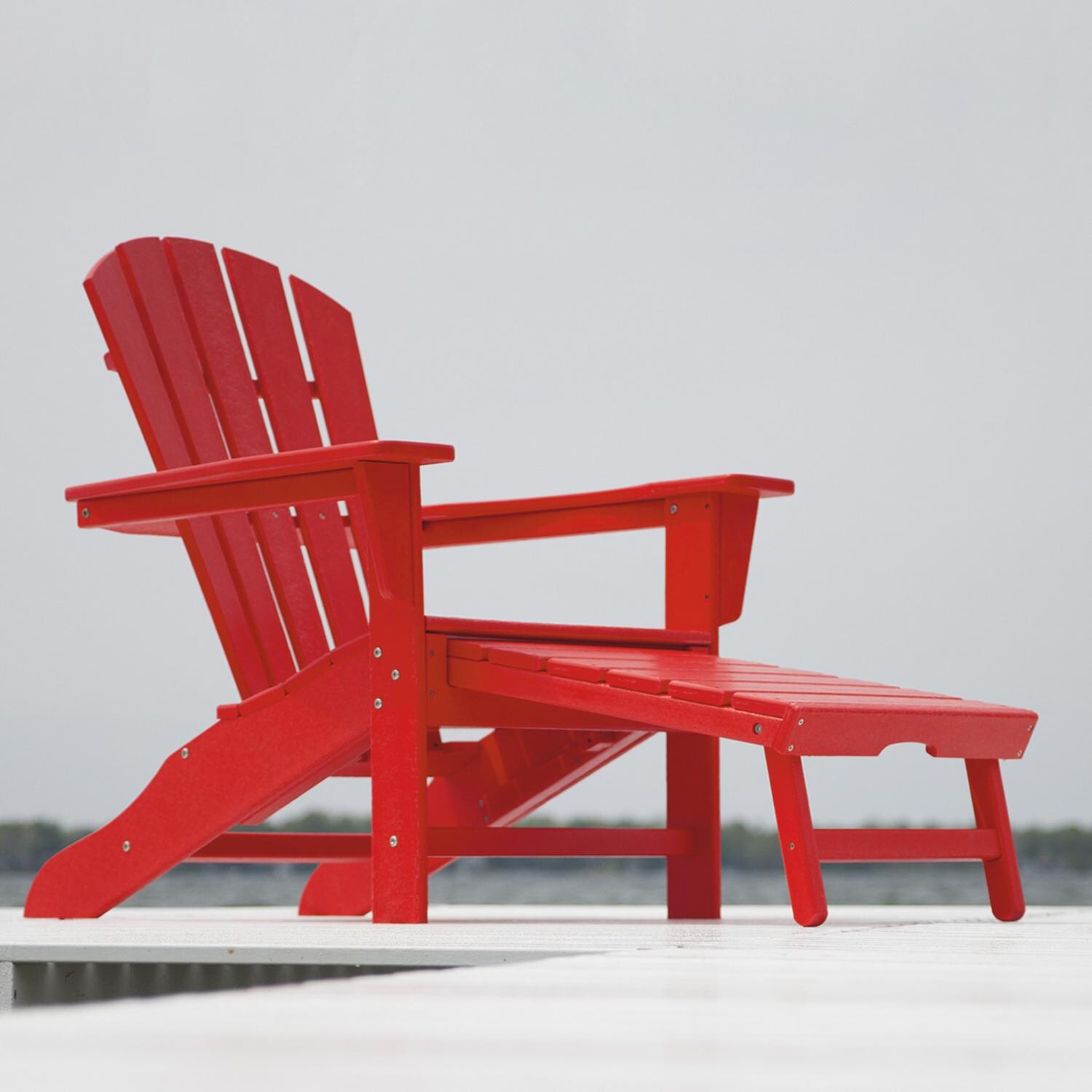 POLYWOOD Palm Coast Recycled Plastic Wood Patio Adirondack with Hideaway Ottoman - Sunset Red - Side View thumbnail
