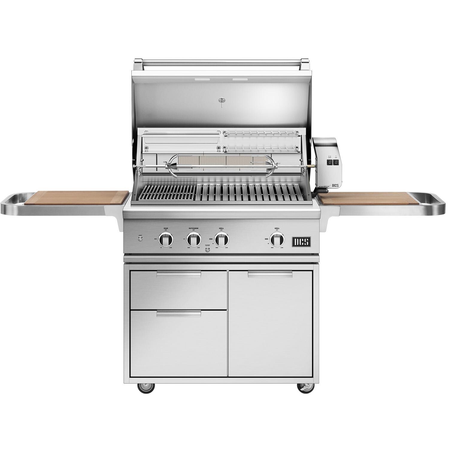 DCS BE1-36RCI-L Series 9 36 Inch Freestanding Propane Grill With Rotisserie, Infrared Burner & Cutting Board Shelves - Open View thumbnail