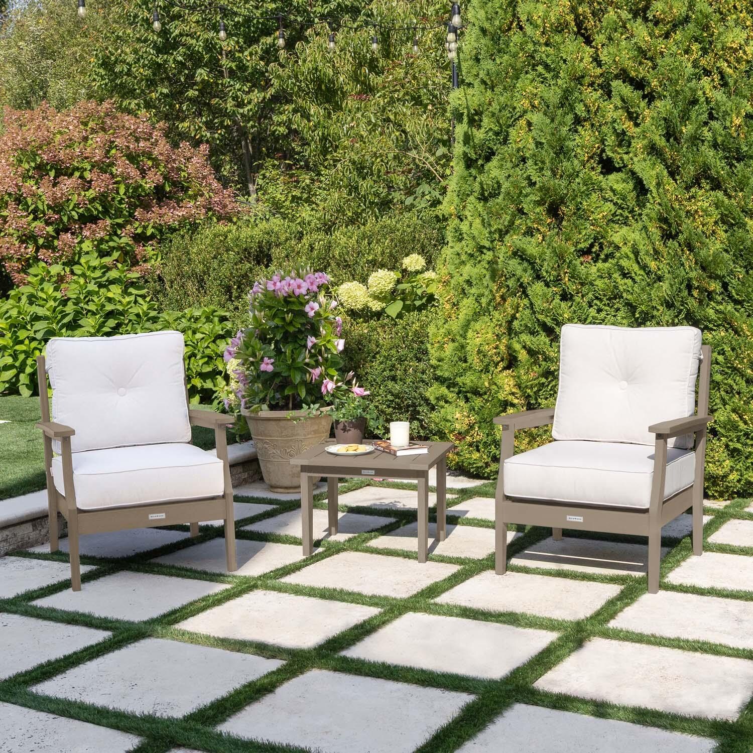 Blushing Bay 3 Pc Recycled Plastic Seating Set in Bliss Linen/Woodland Brown by Lakeview Outdoor Designs - Lifestyle thumbnail