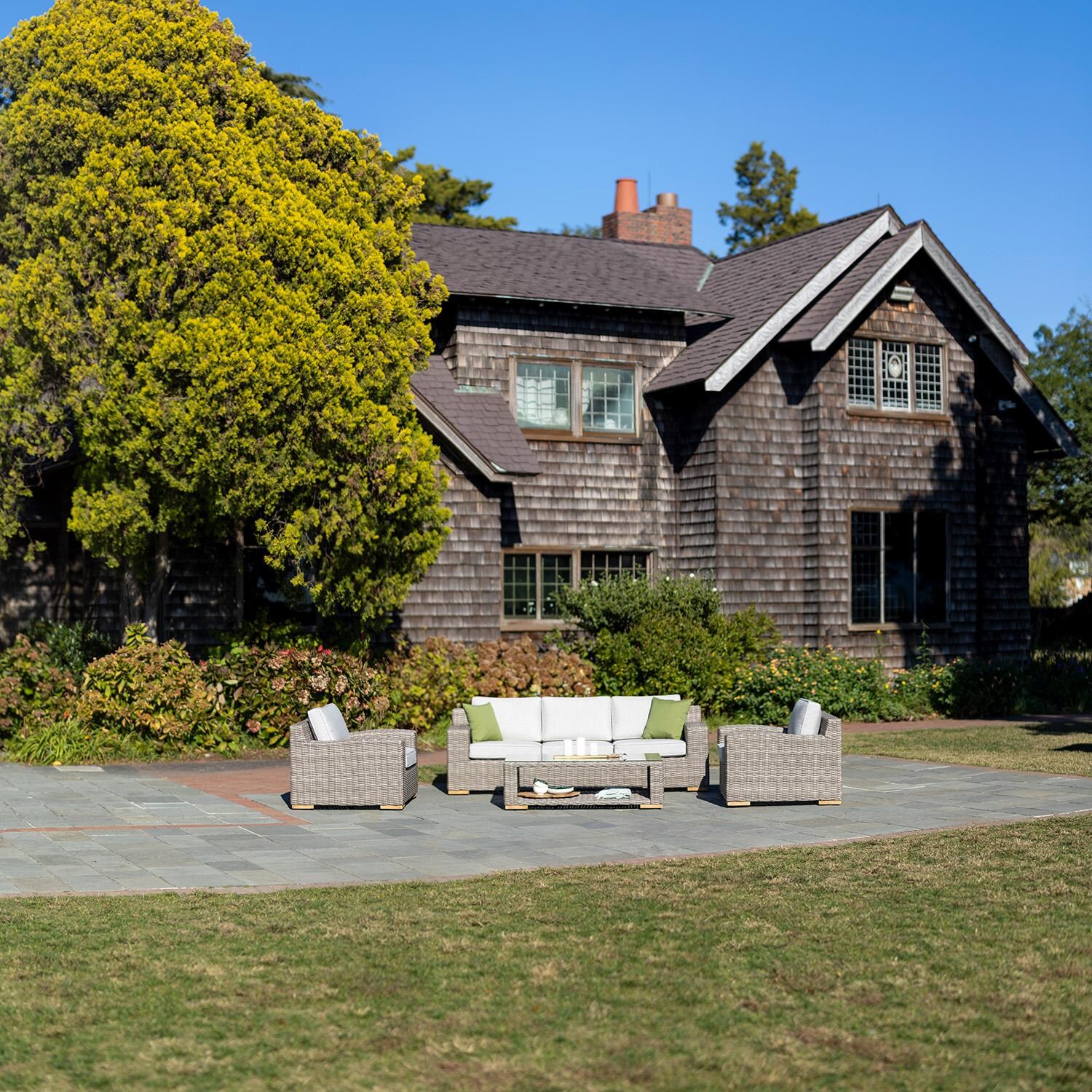 Palma Luxe 4 Pc Wicker Seating Set in Oyster / Cast Silver - Zoomed Out - Lifestyle thumbnail