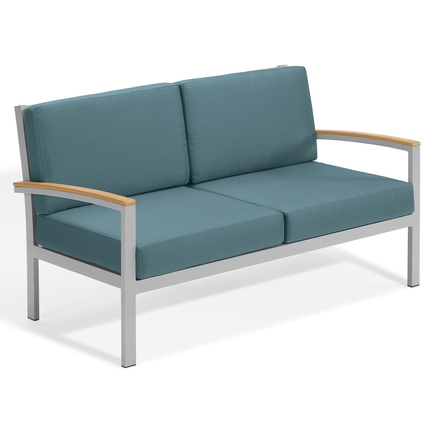Travira Aluminum Loveseat w/ Natural Tekwood Arm Caps in Flint/Ice Blue by Oxford Garden