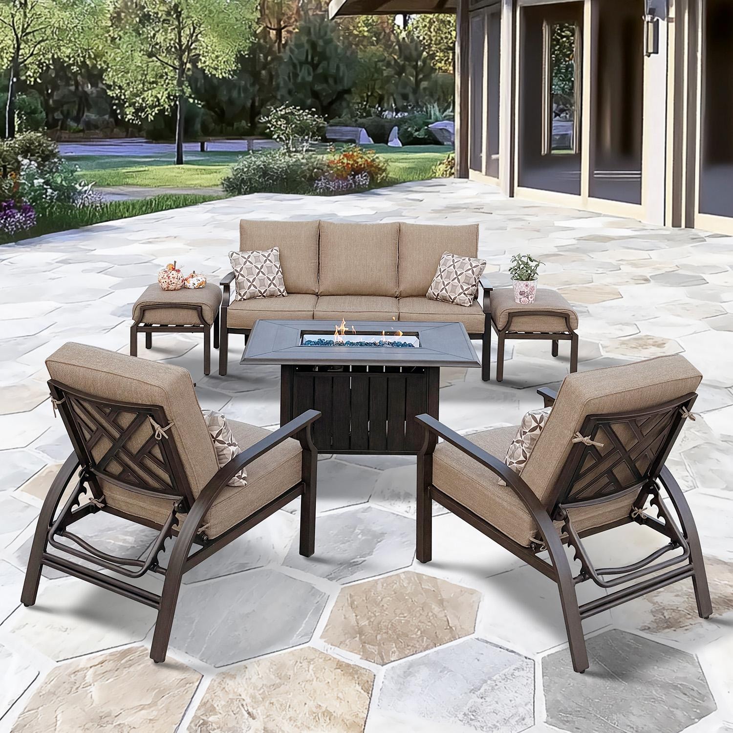 Darlee Brooklyn 6 Pc Aluminum Fire Pit Seating Set w/ Reclining Chairs in Multi Brown/Sesame by - B/207-6PCSAJ-27QBSP