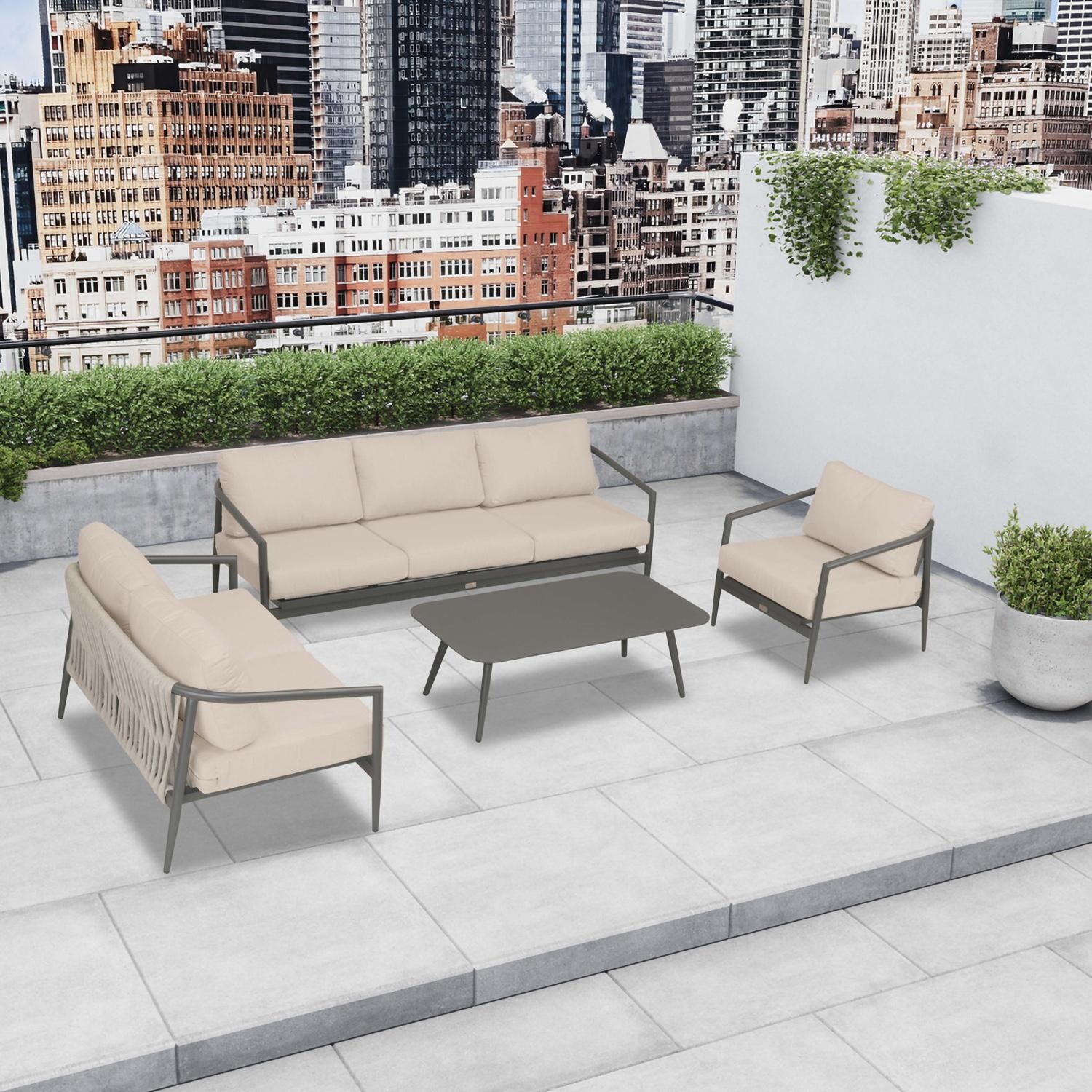 Lakeview Midnight Cove 4 Pc Aluminum Sofa Loveseat Seating Set in Slate/Pebble Gray/Canvas Flax - Top - Lifestyle thumbnail